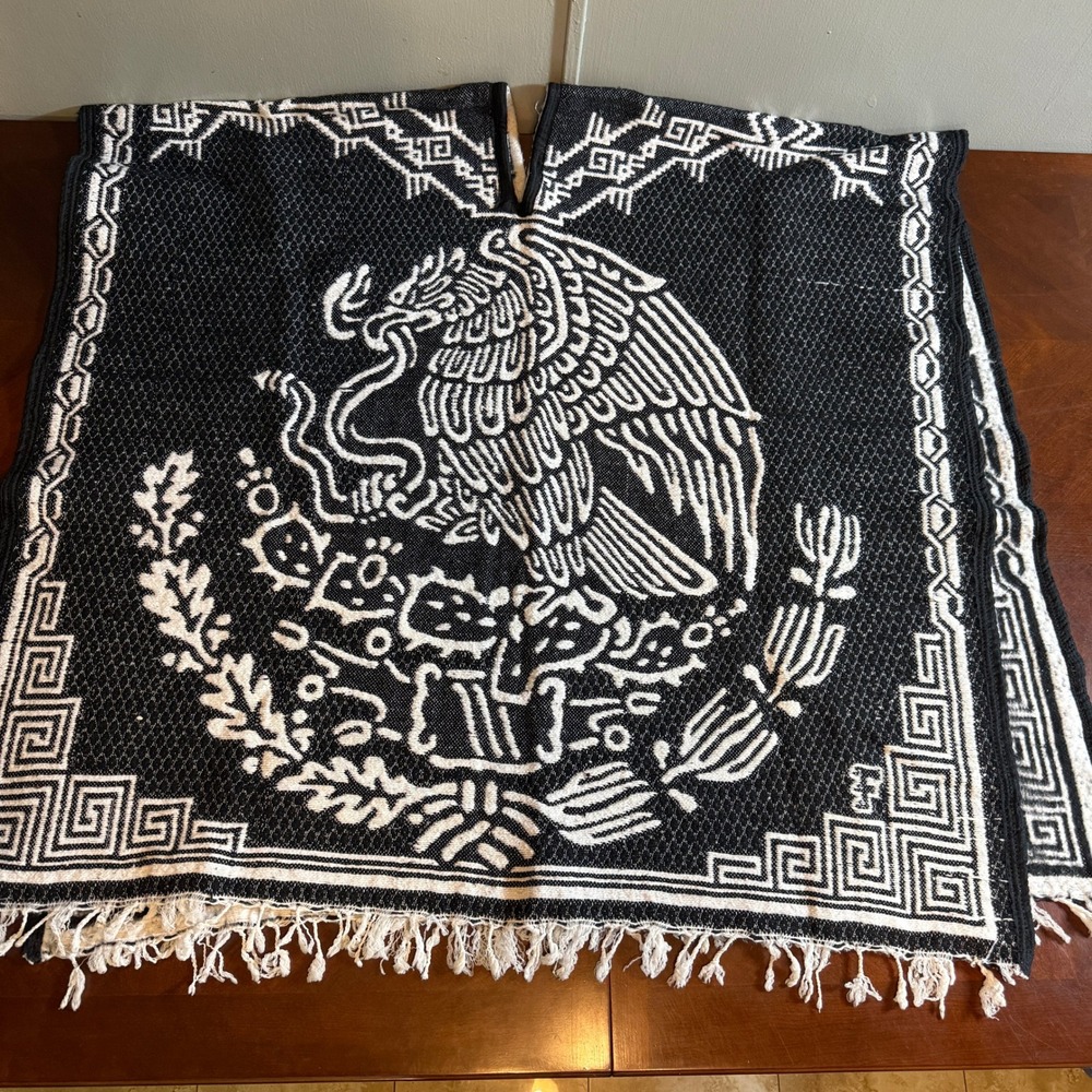 Mexican Eagle Woven Poncho Black White Fringed Reversible Cape customized